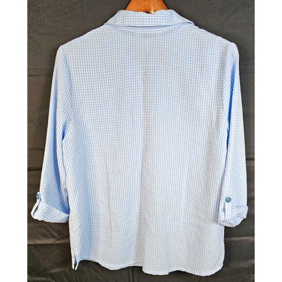 Allison Daley Blue Gingham Button-Up Shirt With Floral Embroidery 3/4 Sleeves - Picture 7 of 9